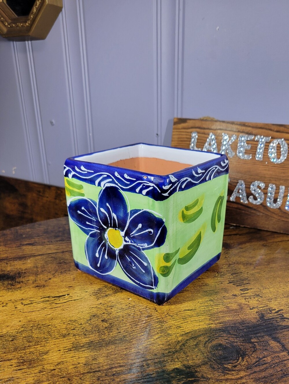 Vintage Sunshine Ceramics Hand-Painted Square Planter Flower made in Spain
